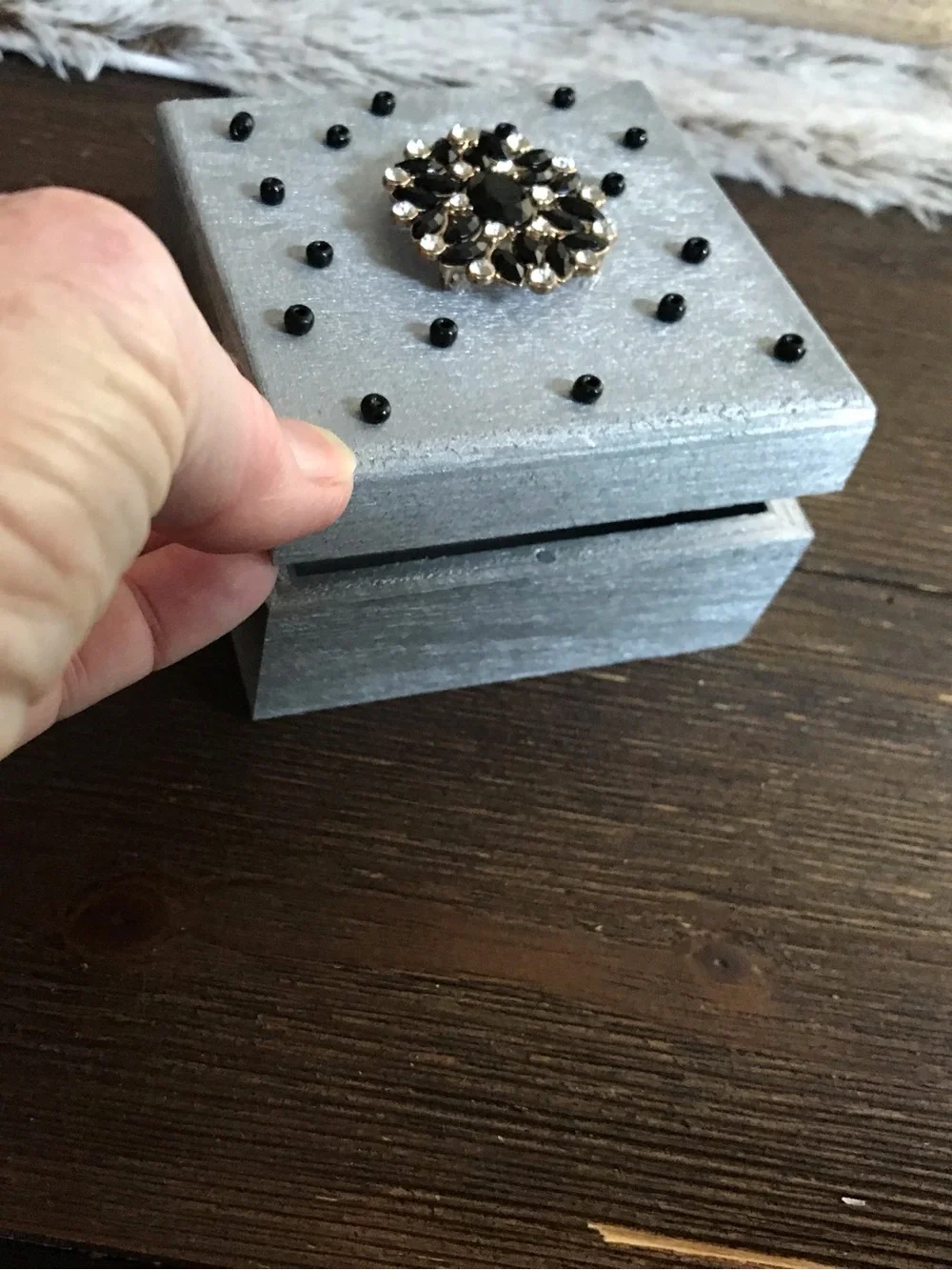 Hand crafted wooden silver trinket box with rhinestone flower lid